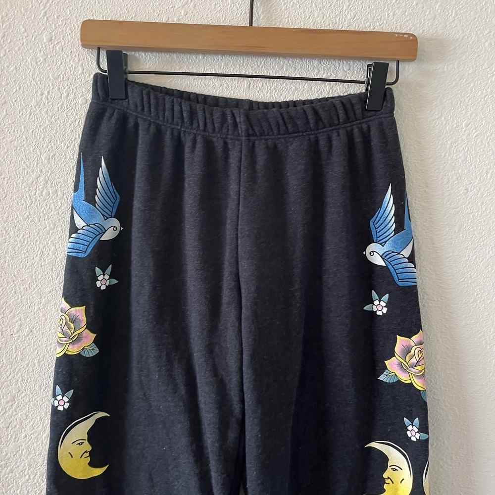 Wildfox Flash Sommers Sweatpants Joggers Size Small Dark Gray Moon Bird Floral - Picture 2 of 12